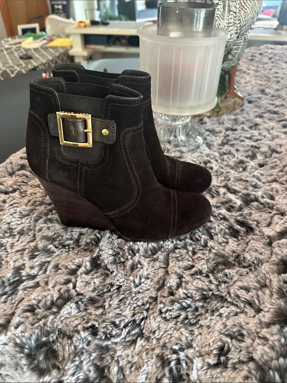 Tory Burch Dark Brown Suede Wedge Ankle Boots with Gold Buckle wore once